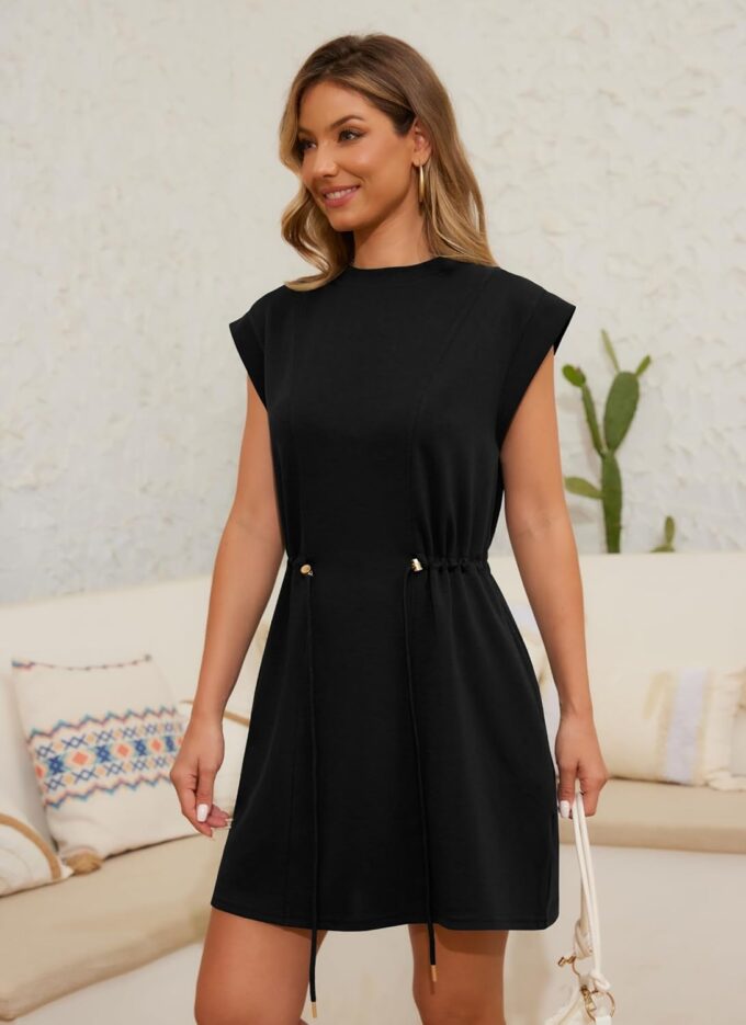 Womens Summer Dresses Cap Sleeve Crew Neck Casual Loose T Shirt Dress Drawstring Waist Dress with Pockets – Bild 2