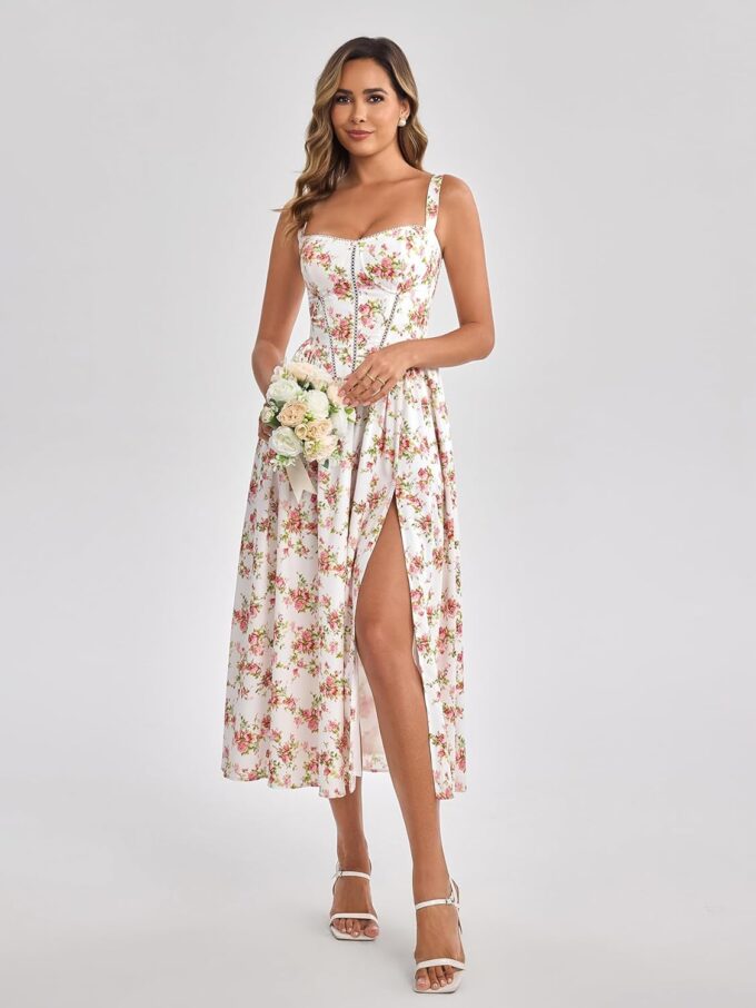 KUTUMAI Floral Corset Midi Dress Flowy Slit Summer Spring Wedding Guest Dresses for Women Sundress with Pockets – Bild 6