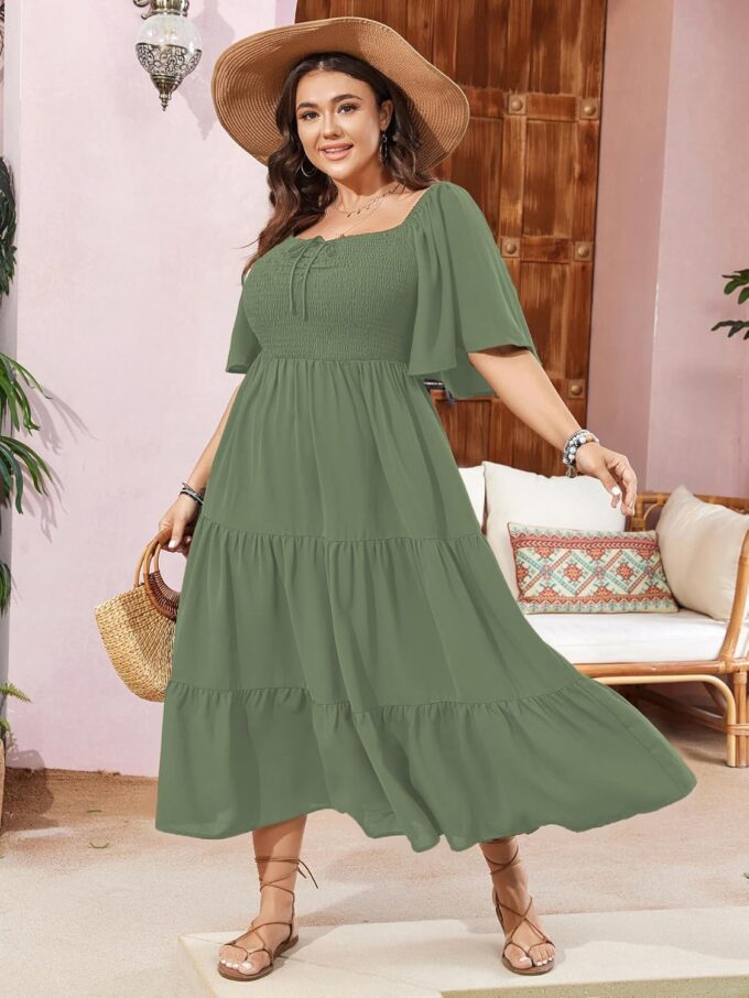 SCOMCHIC Women's Plus Size Flowy Maxi Dress Flutter Short Sleeve Boho Dress Square Neck Smocked Formal Dresses for Women – Bild 3