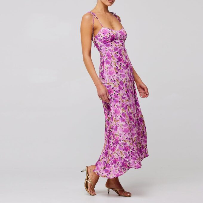 Aopwsrlyi Women Summer Sleeveless Backless Spaghetti Strap Long Floral Dress Sexy Cut Out Smocked Flowy Maxi Dress – Bild 4