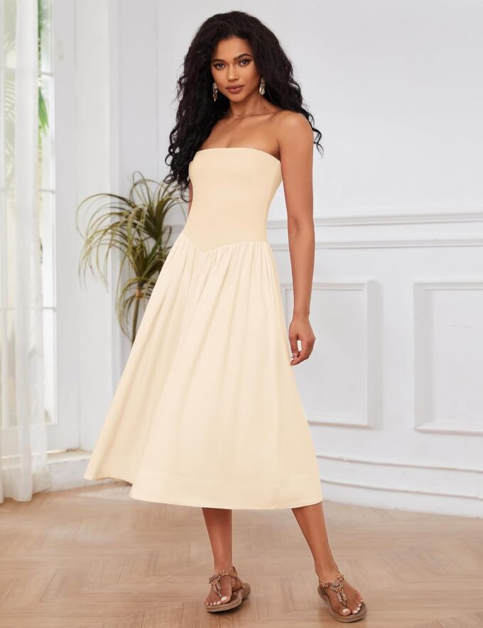 Livtany Women Off Shoulder Midi Dress Strapless Sleeveless Drop-Waist A Line Tube Dress Trendy Summer Swing Patchwork Dress – Bild 3