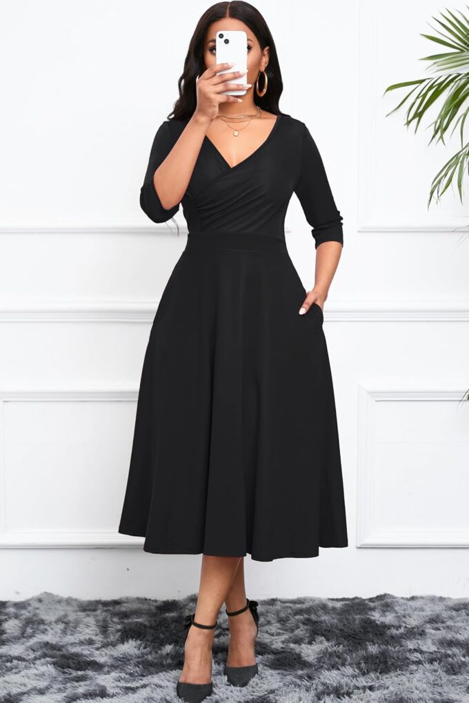 Nmoder Women's Casual Wrap Flared Midi Dress Wedding Guest Cocktail Tea Dresses A-Line Swing V-Neck 3/4 Sleeve – Bild 2