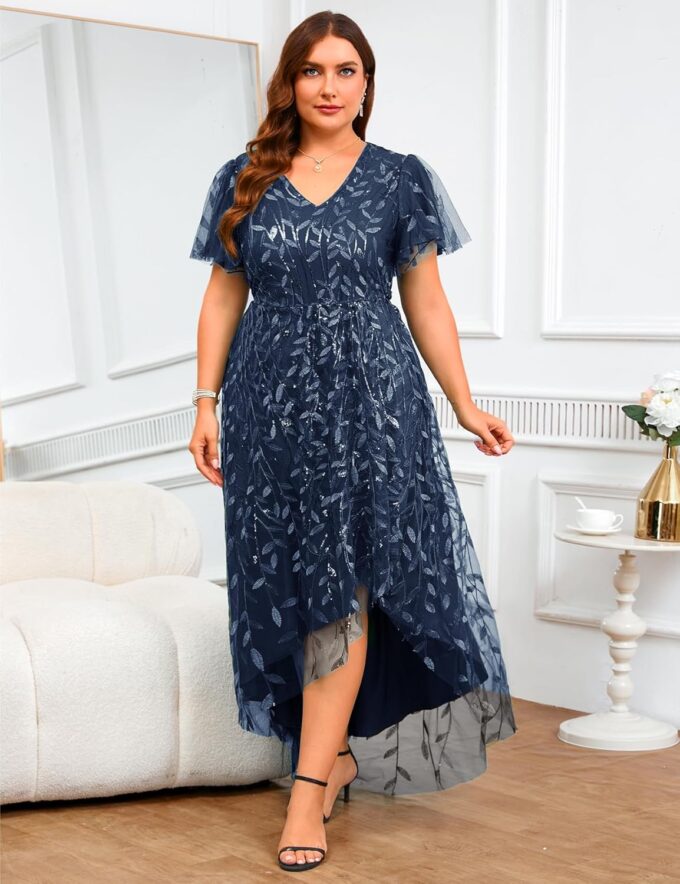 ZOMVA Plus Size 1X-4X Sequin Embroidery Formal Long Dress Glitter Side Slit A Line Dresses Prom Wedding Evening Gown – Bild 5