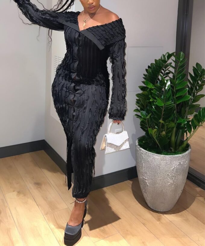 Womens Sexy Off Shoulder Maxi Dress Pleated See Through Flare Sleeve Button Down Slit Bodycon Long Dresses – Bild 3