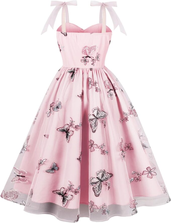 ODIZLI Butterfly Sleeve Dress for Women 1950s Retro Vintage Dress Sleeveless Tie Strap Embroidered Dress – Bild 8