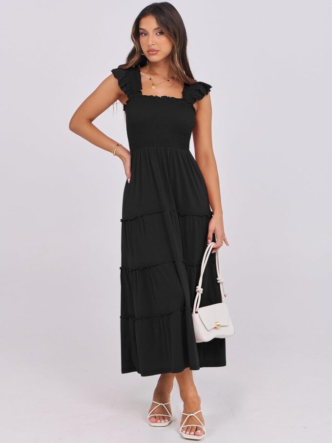 ANRABESS Womens Smocked Maxi Dress Summer Casual Ruffle Square Neck Boho Ruffle Flowy A-line Beach Sundress with Pockets – Bild 3