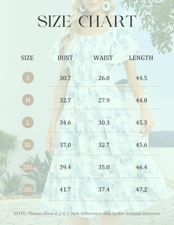 Bbonlinedress Womens Casual Floral Summer Smocked Beach Party Boho Midi Square Neck Dress – Bild 6