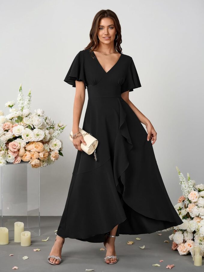 SCOMCHIC Women Wedding Guest Dresses Formal Evening Party Cocktail Short Sleeve V Neck Ruffle Split Flowy Maxi Dress – Bild 3
