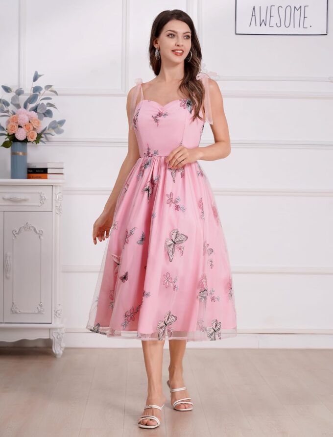 ODIZLI Butterfly Sleeve Dress for Women 1950s Retro Vintage Dress Sleeveless Tie Strap Embroidered Dress – Bild 4