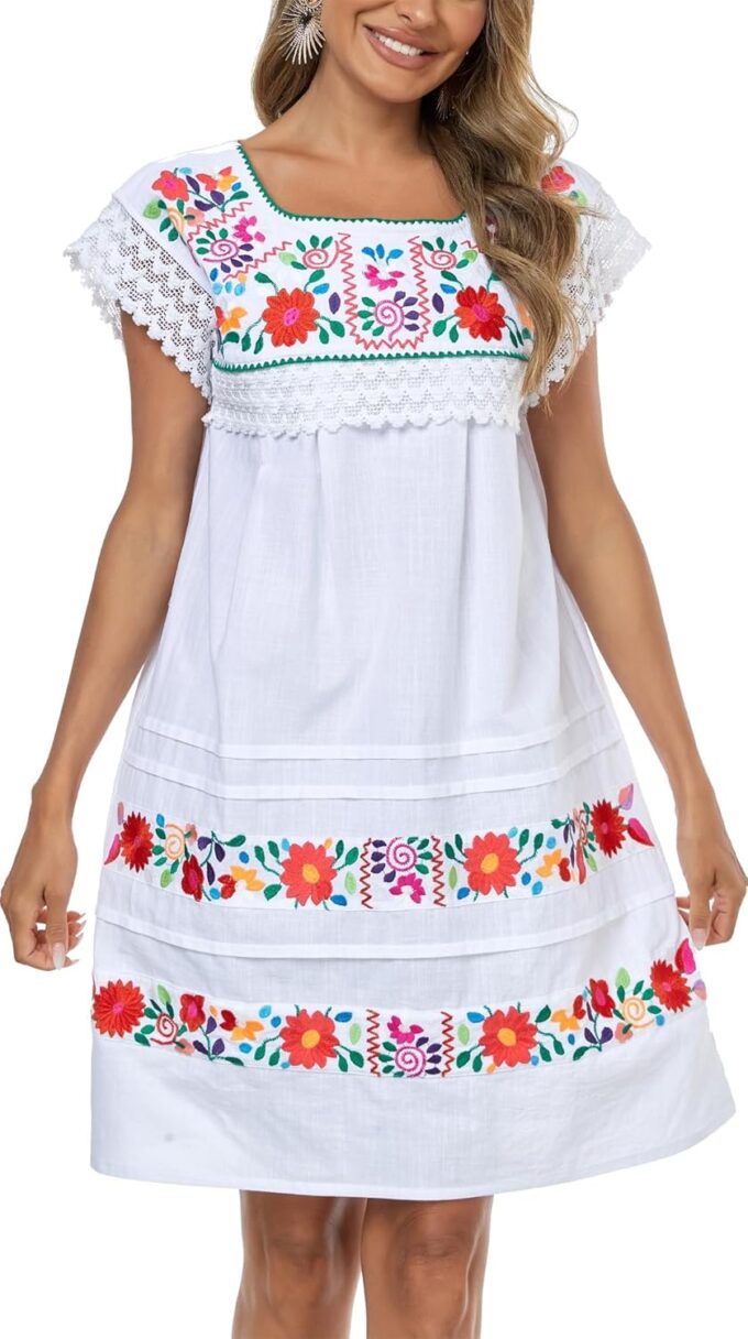 YZXDORWJ Women Embroidered Mexican Peasent Lace Short Sleeves Dress – Bild 4