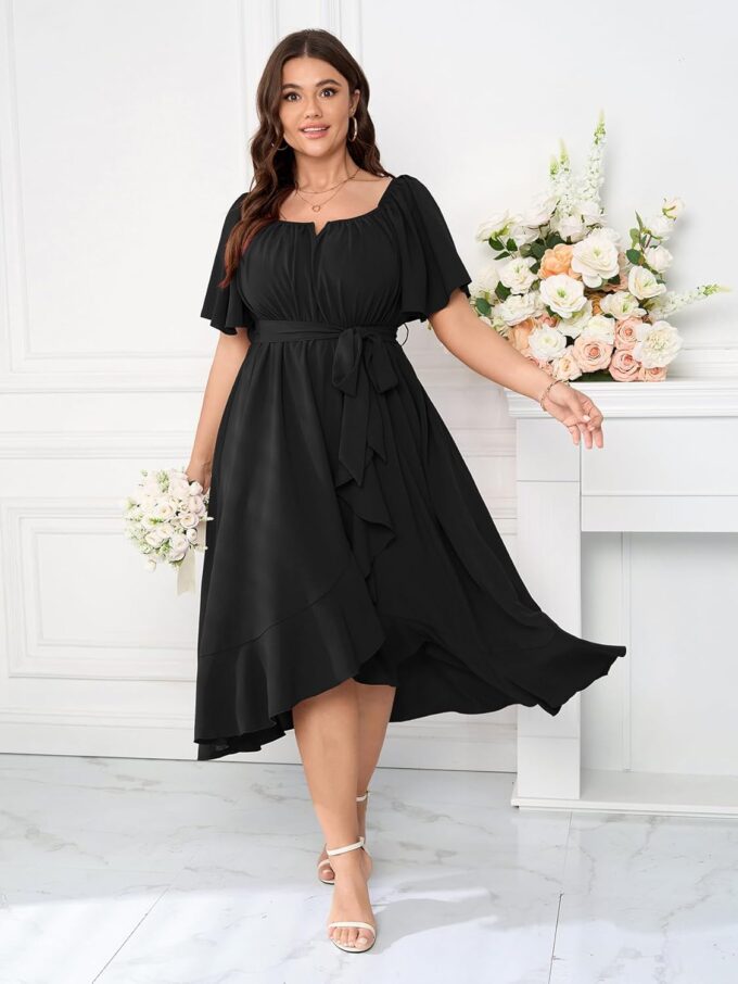 Womens Plus Size Cocktail Midi Dresses Short Sleeve Square Neck Flowy Formal Wedding Guest Dress Off The Shoulder – Bild 3
