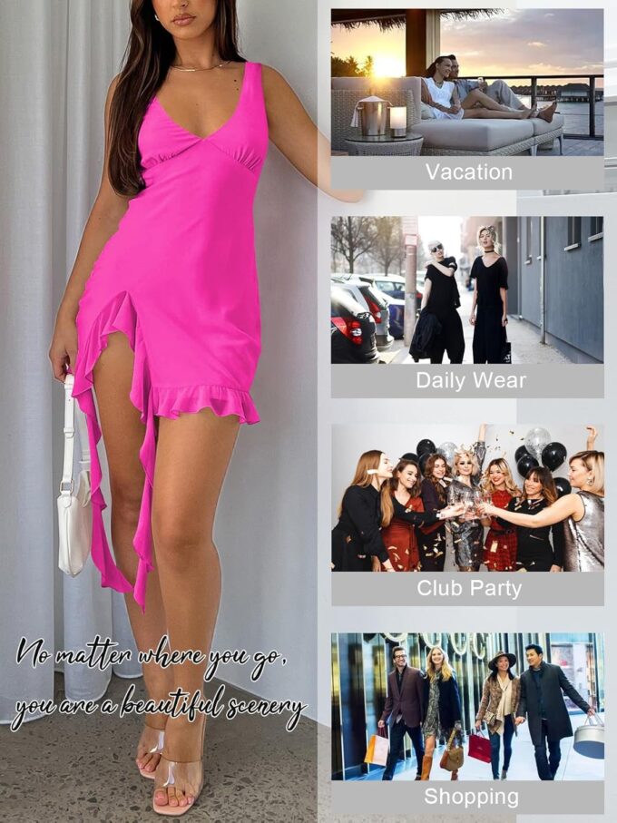 Women Sleeveless Sexy V Neck Bodycon Mini Dress Summer Side Slit Mesh Irregular Ruffle Hem Backless Short Dress Rose Red – Bild 5