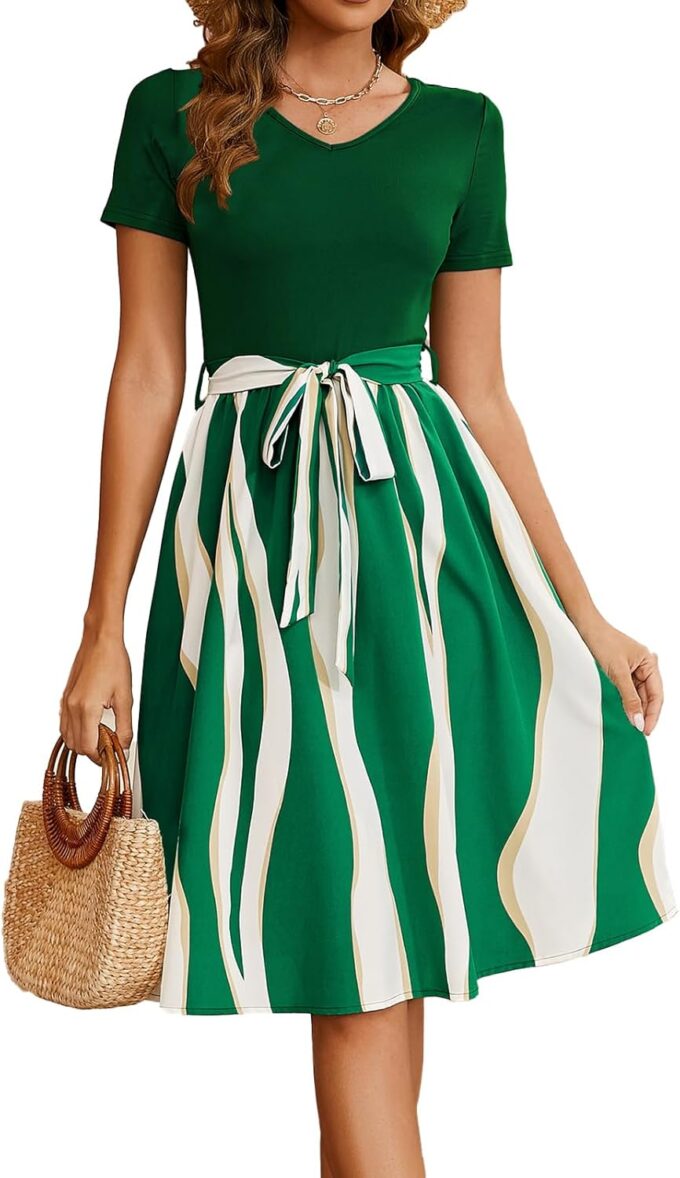 Damen Sommer Casual Elegant Vintage Streifen V-Ausschnitt Kurzarm Arbeit Party A-Linie Knielang Kleid mit Gürtel D824 – Bild 3
