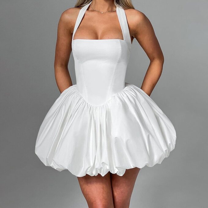 Women's Y2K Sexy Halter Corset Mini Dress Backless Corset Bubble Ruched Waist Club Party Dresses – Bild 3