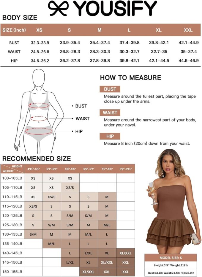 Yousify Womens Sexy Strapless Tube Dress Summer Sleeveless Tiered Ruffle Club Party Mini Dresses with Built-in Shorts – Bild 6