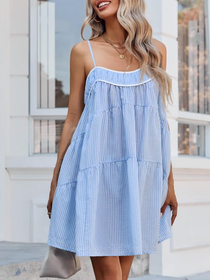 Wenrine Womens Striped Mini Dress Oversized Spaghetti Strap Casual Sleeveless Ruffle Tiered Beach A Line Dress Blue – Bild 3