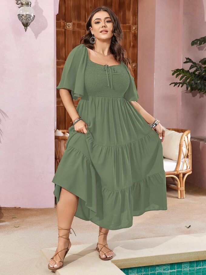 SCOMCHIC Women's Plus Size Flowy Maxi Dress Flutter Short Sleeve Boho Dress Square Neck Smocked Formal Dresses for Women – Bild 6