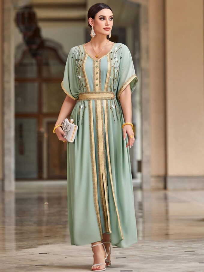 Fancy Maxi Abaya Dress Elegant Mint Green Muslim Dress with Gold Beaded Embellishments, V-Neck, Short Butterfly Sleeves – Bild 4