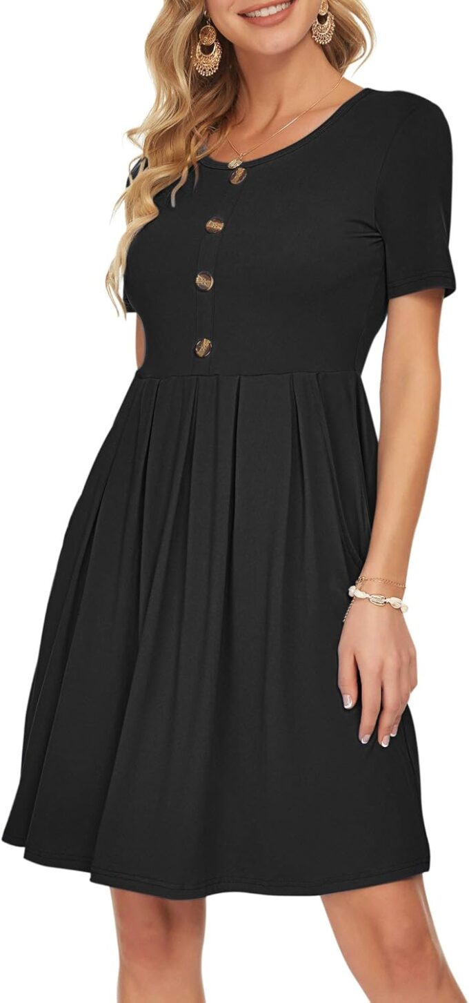 AUSELILY Women's Short Sleeve Summer Dress Pleated Button Down Knee Length Dresses with Pockets 2025 New – Bild 3