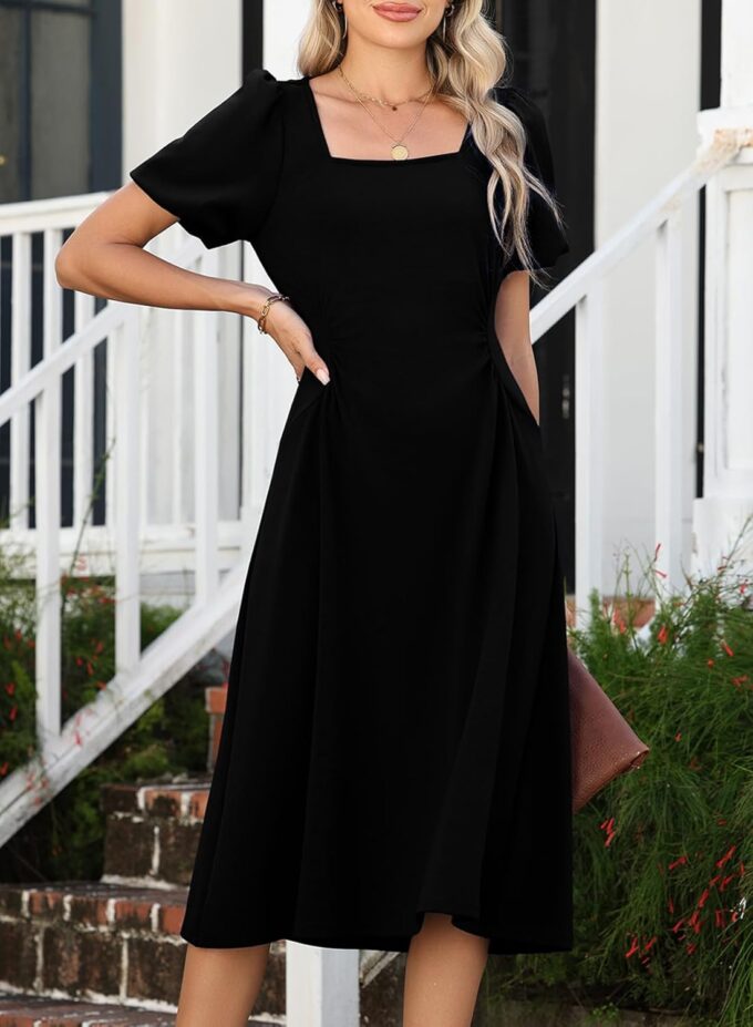 Happy Sailed Women's Summer Short Sleeve Square Neck Ruched Waist Flowy A Line Midi Cocktail Party Dress – Bild 3