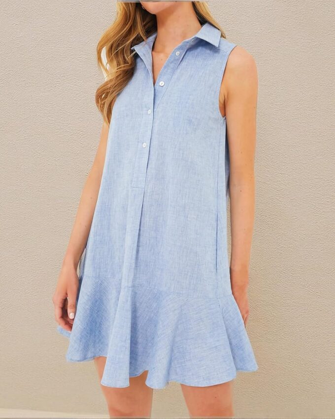 Women‘s Sleeveless Shirt Dress Ruffle Hem Cotton Tunic Tank Dress Button Up Swing Shift Mini Dresses – Bild 9