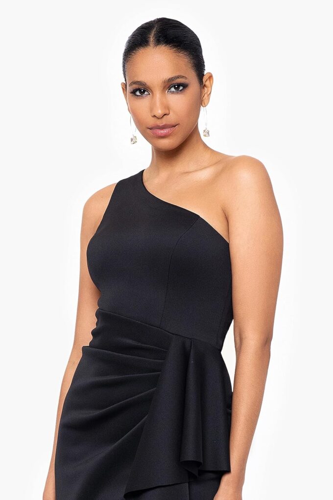 Xscape Women's Long Stretch Scuba Sleeveless One Shoulder Side Ruffle Dress – Bild 4