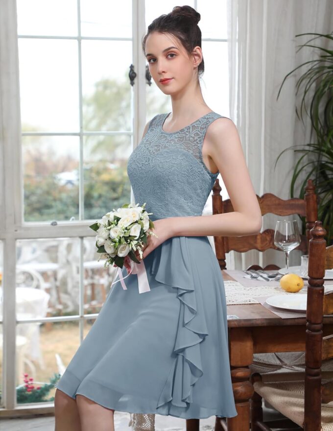 BeryLove Women's Cocktail Dresses Prom Wedding Guest Short Bridesmaid Dresses Ruffle Hem Sleeveless Lace Formal Dress – Bild 6