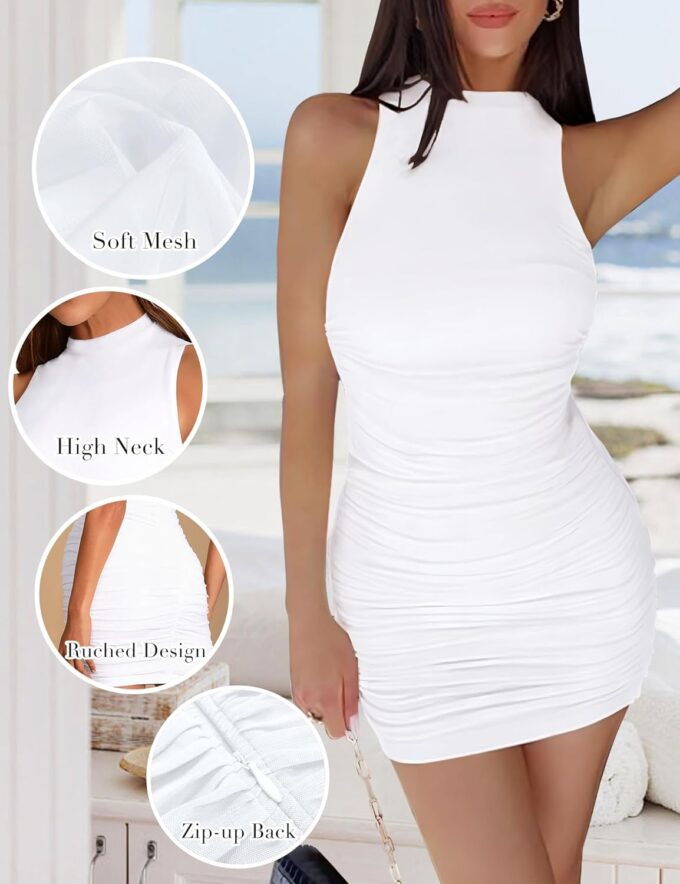 Ellakoko 2025 Women Summer Mini Dress Bodycon Mesh Ruched Mock Neck Zipper Back Sleeveless Formal Short Graduation Dress – Bild 5