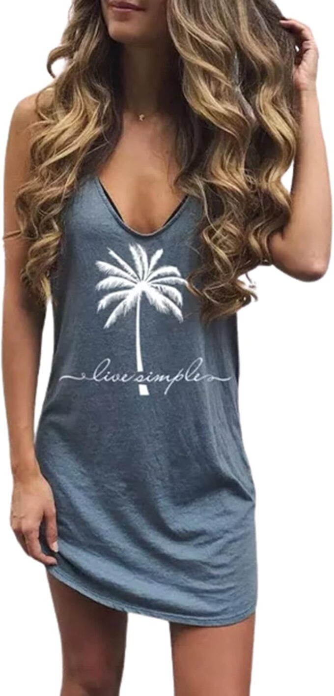 Live Simple Coconut Tree Sleeveless Dress Sunshine Sand Beach Women's Summer Casual V Neck Mini Dress