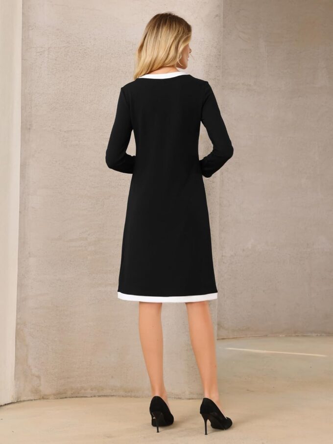 Hobemty Elegantes A-Linien-Kleid für Damen, Kontrastfarbe, V-Ausschnitt, lange Ärmel, trendige Arbeitskleider – Bild 5