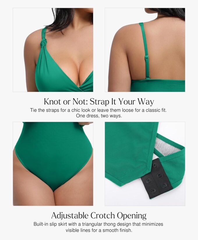 Popilush Green Dresses for Women Built in Shapewear Thong Side Slit Party Club Dress V Neck Summer Cocktail Dresses – Bild 3