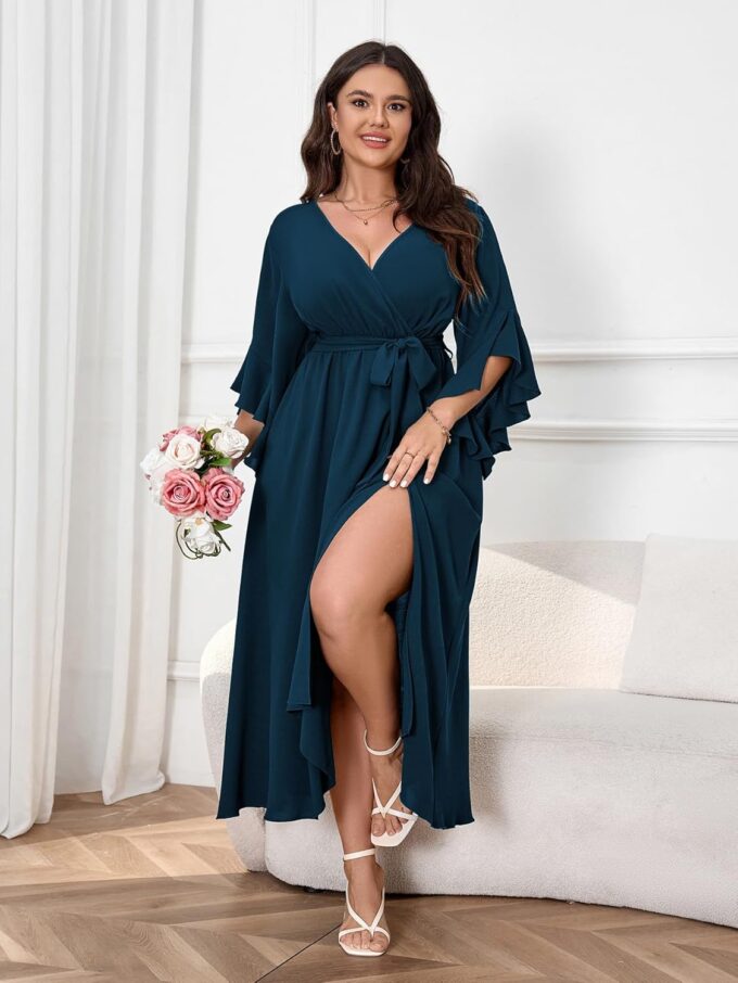 Womens Plus Size Dress Wedding Guest Cocktail Ruffle Half Sleeve Wrap V Neck Slit A Line Maxi Dresses with Belt – Bild 4
