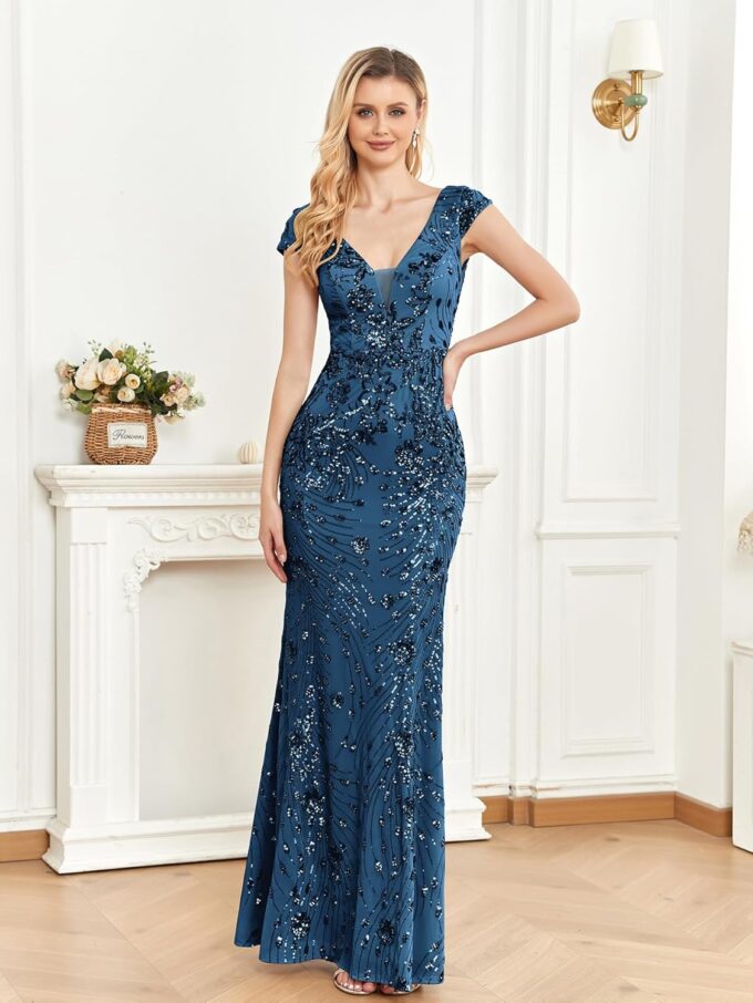 Womens Sequined Long Evening Gown Glamous Sleeveless V-Neck Mermaid Prom Dress for Wedding Party Club Occasions – Bild 5