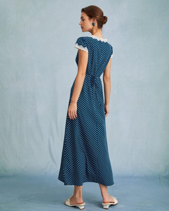 Women Summer Dresses Deep V Neck Polka Dot Prined Splice Lace Dress Elegant Cotton for Party – Bild 2