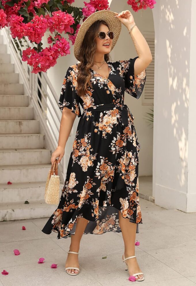 Keluummi Plus Size Summer Wedding Guest Maxi Dress for Curvy Women, V Neck 3/4 Sleeve Empire Waist A Line Floral Long Dress – Bild 7