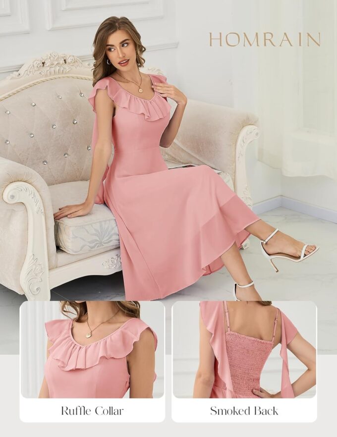 HomRain Formal Dress Spring Collection Church Pink Blush Ruffle Dresses for Women 2025 Elegant Ruffle Midi Gown for Party Blush XL – Bild 4