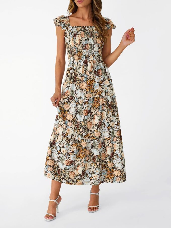 LILLUSORY Womens Square Neck Floral Ruffle Sleeve Maxi Dress 2025 Smocked Boho Vintage Sundress with Pockets – Bild 2