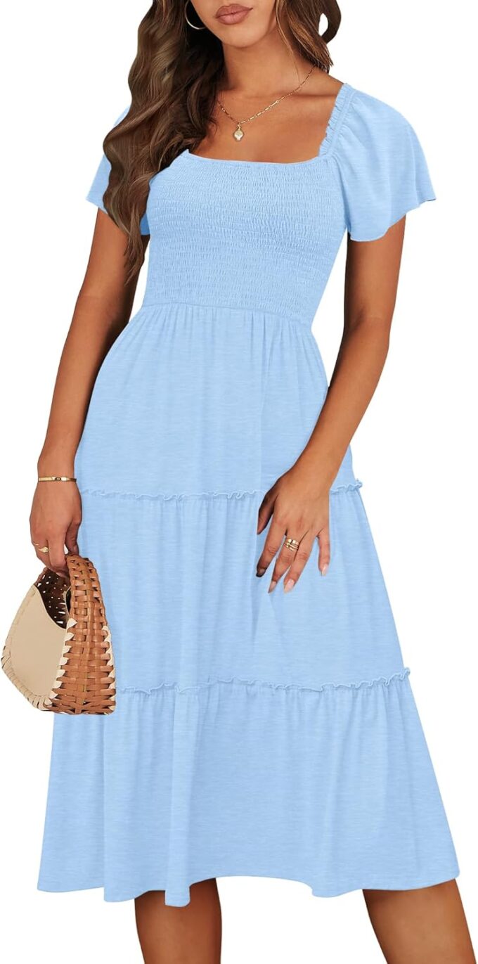 ANRABESS Women Summer Casual Square Neck Flutter Sleeve Boho Smocked A-Line Flowy Tiered Modest Midi Sun Dress with Pockets