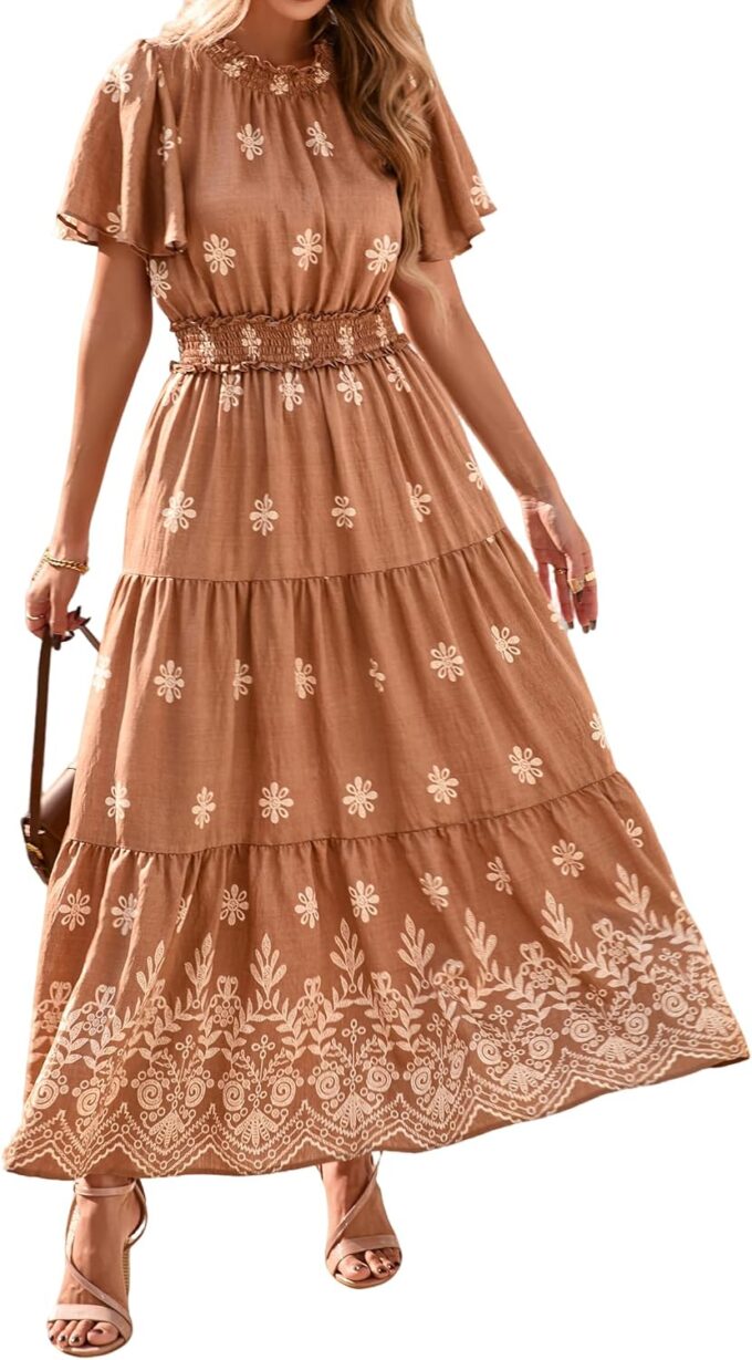 KIRUNDO Maxi Dresses for Women 2025 Floral Short Sleeve Spring Summer Smocked Waist Round Neck Flowy Beach Vacation Dress