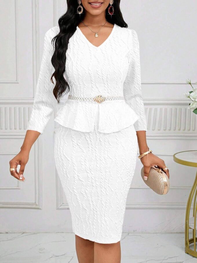 Runwind Schößchen-Kleid für Damen, V-Ausschnitt, 3/4-Ärmel, für die Arbeit, Midi-Kirchenkleider, elegante Bleistiftkleider – Bild 5