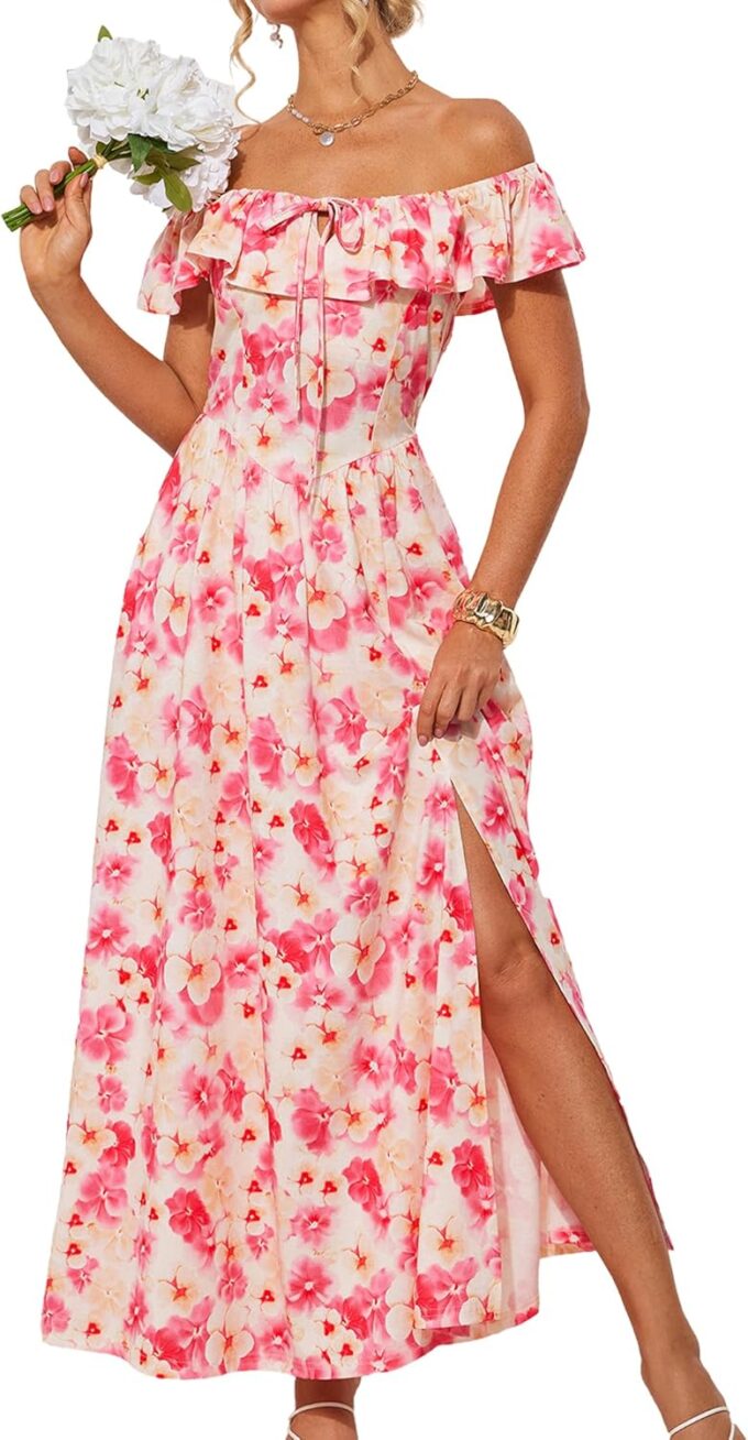 GRACE KARIN 2025 Womens Maxi Dresses Summer Off Shoulder Floral Dress Ruffle Split Beach Flowy Boho Wedding Guest Dress