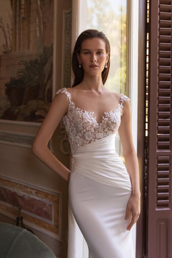 Mermaid Wedding Dresses for Bride 2025 Satin V Neck Lace Appliques Bridal Gowns with Train – Bild 2