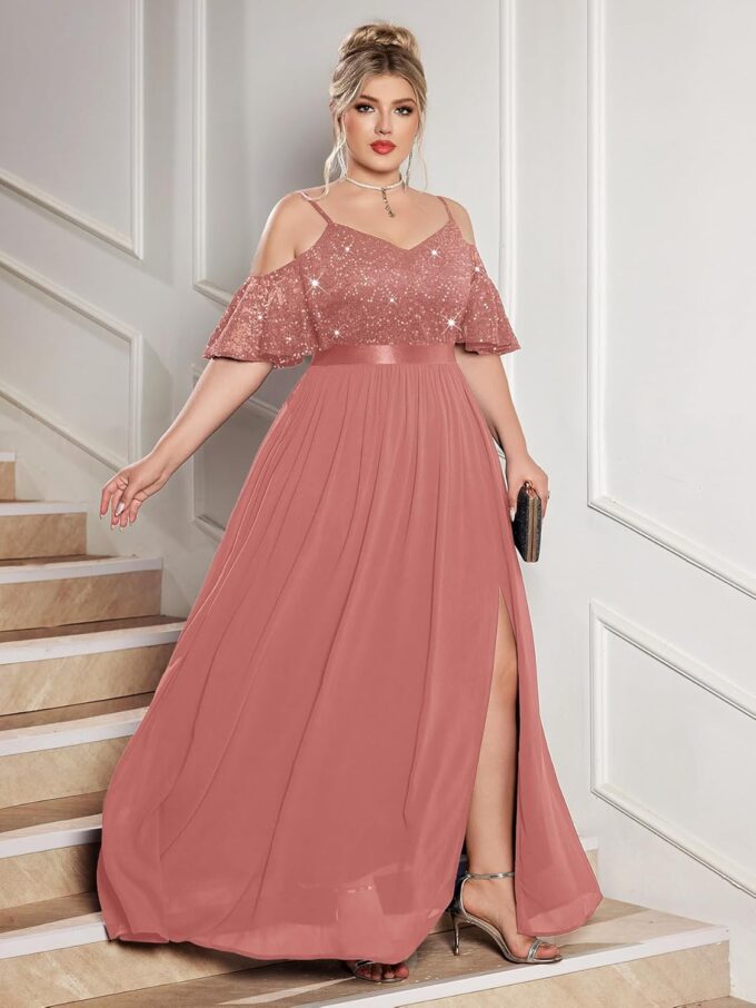 MISSMAY Women's Plus Size Sequins Lace Off Shoulder Short Sleeves Slit Formal Wedding Guest Chiffon Long Dress – Bild 4