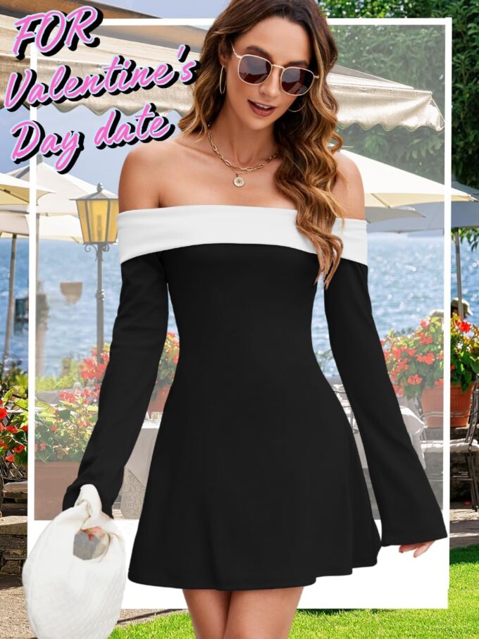 Off The Shoulder Bell Sleeve Corset Dress, Color Block Folded Neck, Cocktail Semi Formal HOCO Dresses for Women – Bild 5