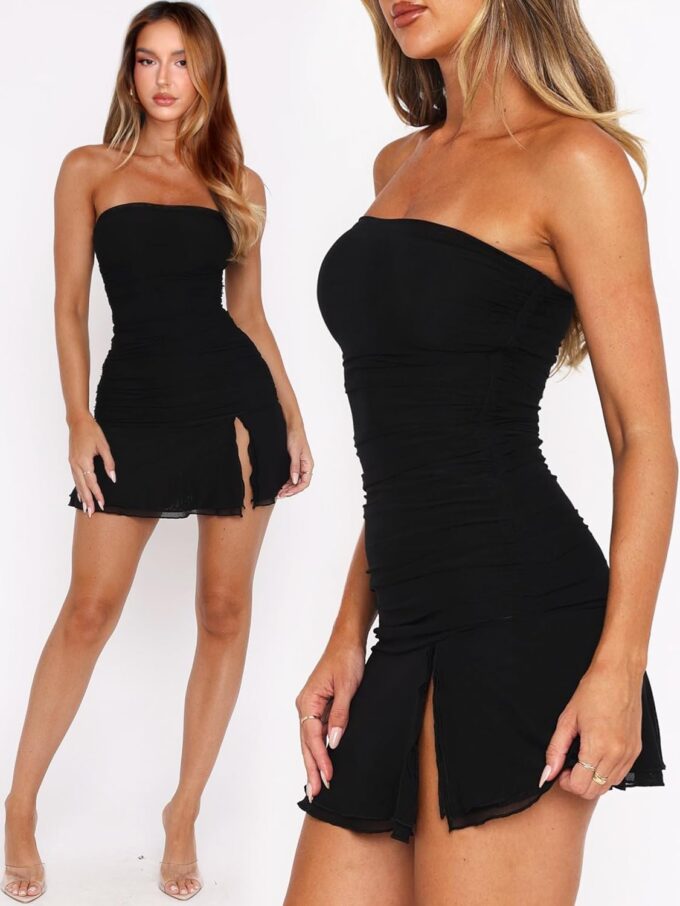 Women Bodycon Tube Mini Dress Mesh Ruched Slit Going Out Dress Sexy Summer Short Rave Club Cocktail Party Dresses – Bild 2