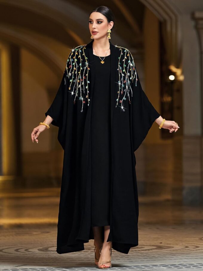 Handmade Beaded Black Kaftan Abaya Dress, Bat Sleeve, NO INNER, Loose Fit Robe for Party, Evening Gathering – Bild 4