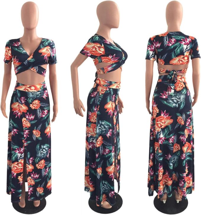 WOKANSE Women's Sexy 2 Piece Outfits Summer Beach Boho Floral Dress V Neck Crop Tops and High Split Maxi Skirt Sets – Bild 5