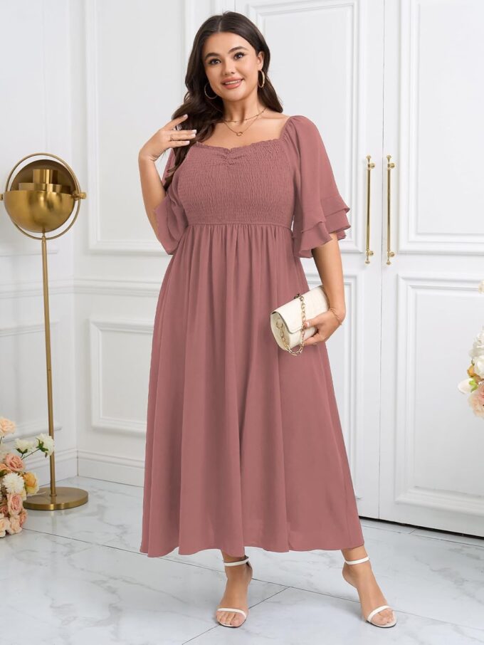 SCOMCHIC Womens Plus Size Maxi Dresses Smocked Square Neck Short Sleeve Wedding Guest Formal Flowy A-Line Long Dress – Bild 2