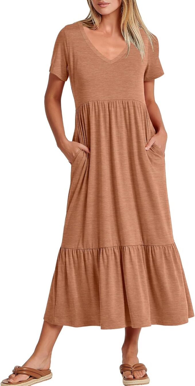 ANRABESS Women's Summer Casual Short Sleeve T Shirts Maxi Dress Flowy V Neck Tiered Beach Vacation Sundress 2025 Outfits