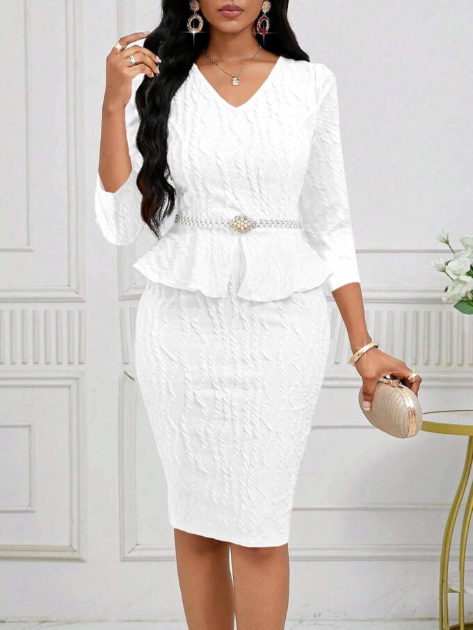 Runwind Schößchen-Kleid für Damen, V-Ausschnitt, 3/4-Ärmel, für die Arbeit, Midi-Kirchenkleider, elegante Bleistiftkleider – Bild 4